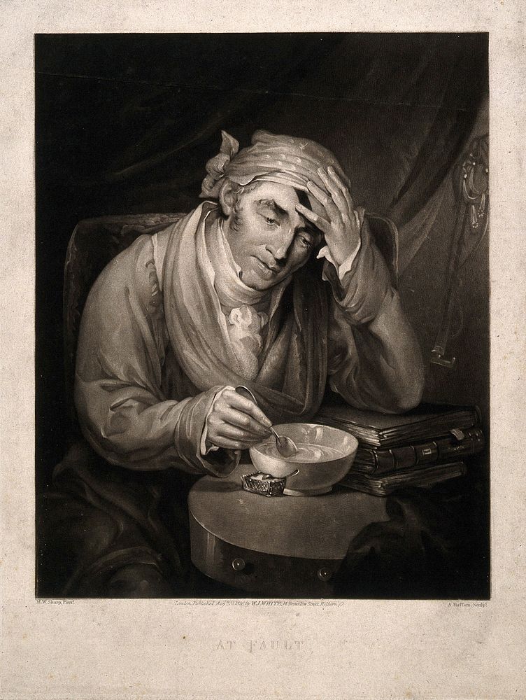 A sick man holding his head, leaning on a pile of books and mixing a dose of medicine for himself. Mezzotint by A. Huffam…