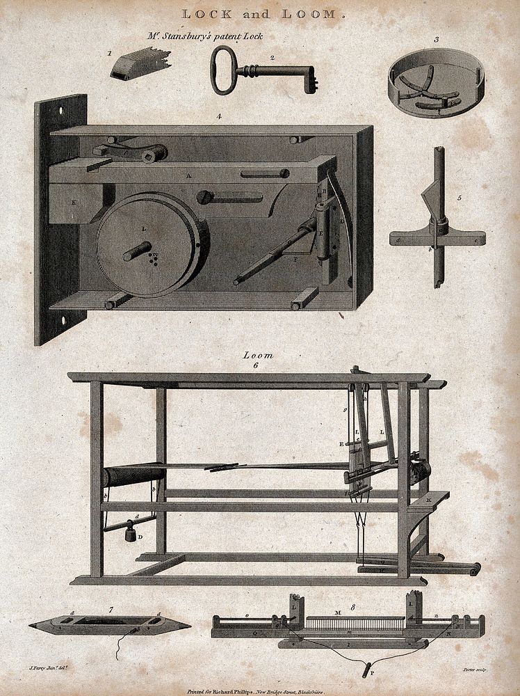 Engineering: a lock, showing the key, and a loom, with shuttle. Engraving by Porter after J. Farey, junior.