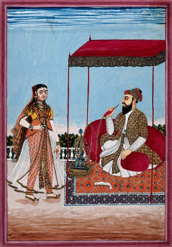 A Muslim man smoking a hookah under a canopy, with a woman on the left. Gouache, 18--.