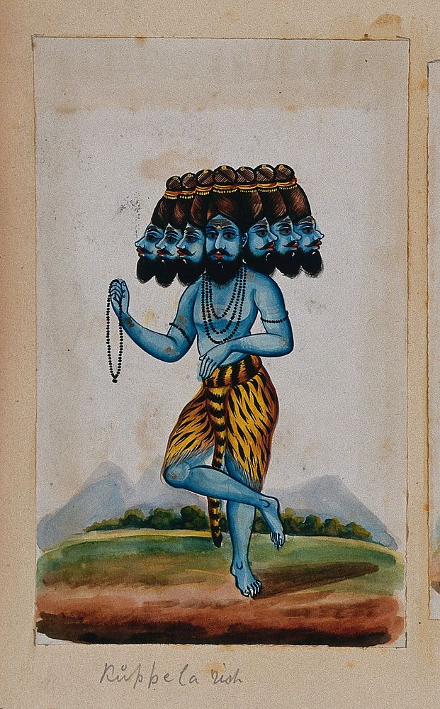 A rishi with seven heads standing on one foot, wearing a tiger skin and holding prayer beadsin his hand. Gouache painting by…