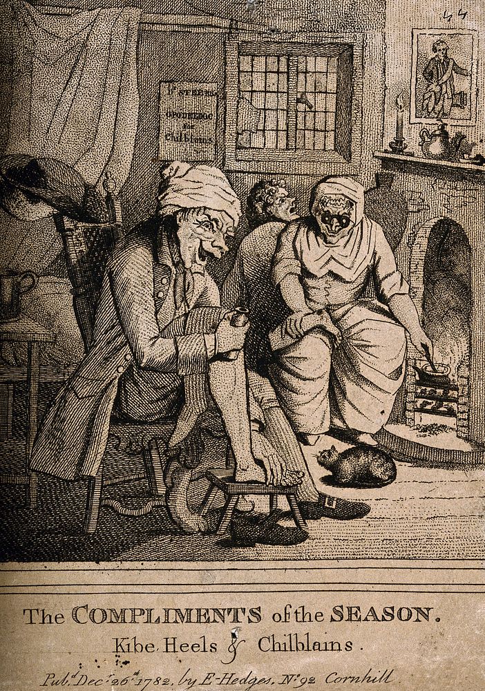 A quack doctor treating her patient's chilblains. Engraving after H.B. Bunbury.
