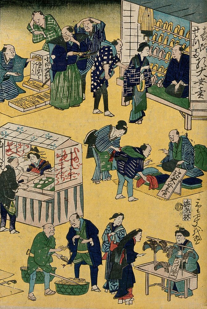 Japanese market scene: vendors are shown selling combs and hair ornaments, sandals, cloth, rice paste cakes and wigs. Colour…