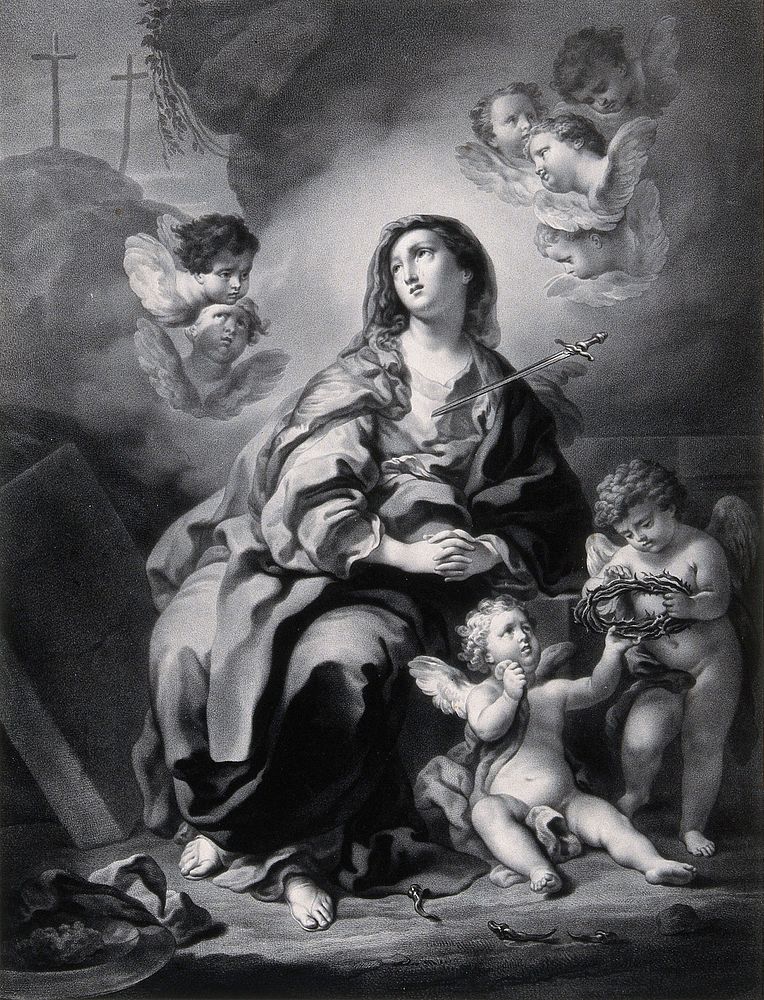 Saint Mary (the Blessed Virgin) as the Virgin of Sorrows. Lithograph by L.S. Marin-Lavigne after B.E. Murillo.