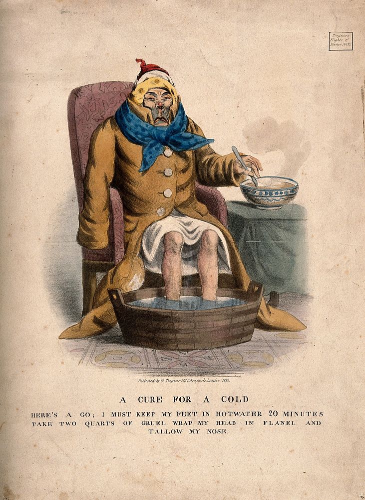 A sick man with a cold. Coloured lithograph, 1833.