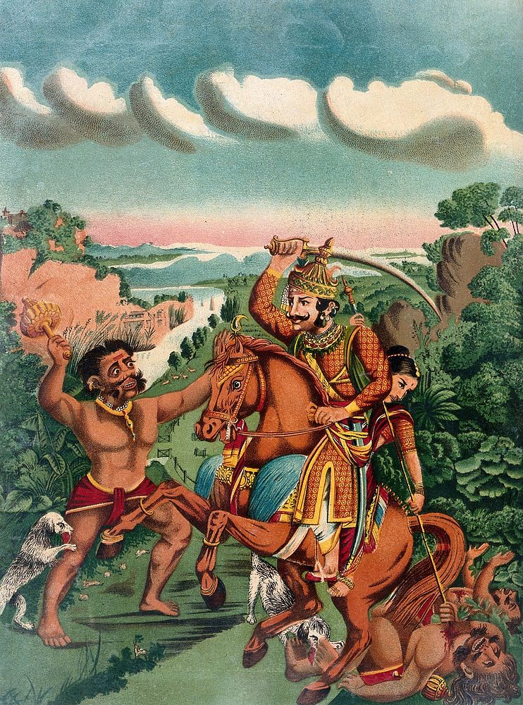 Khanderao warrior on horseback with a woman seated behind, defeating two demons assisted by two dogs. Chromolithograph.