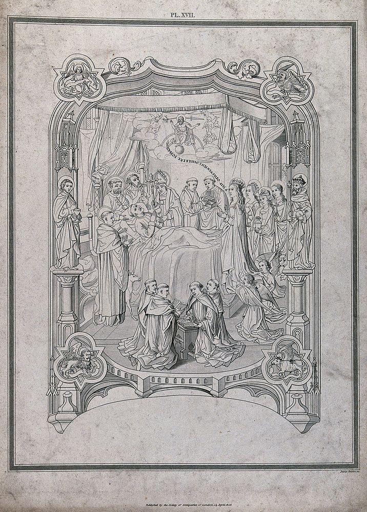 John Islip on his death bed surrounded by saints and monks: the Virgin Mary intercedes for him. Etching by James Basire the…