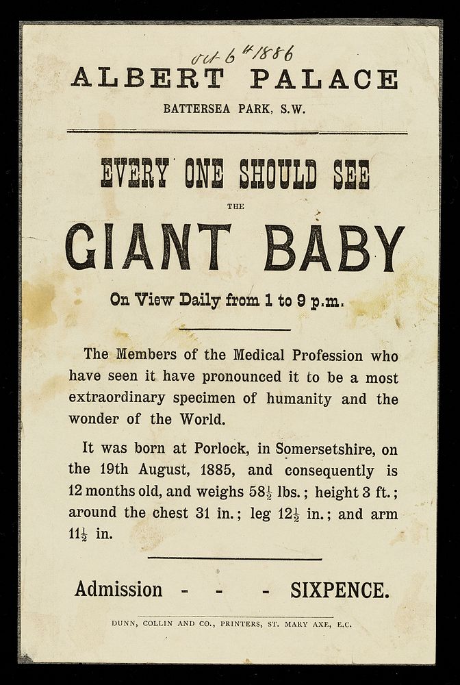 [Undated handbill (1886) advertising an appearance by a giant (3 feet tall), 1 year old baby at the Albert Palace…
