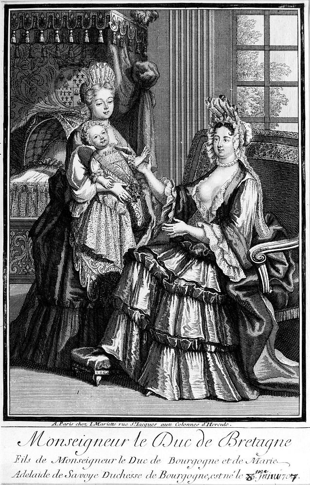 The son of the Duke of Burgundy about to be breast fed by his mother Mary Adelaide of Savoy, 1707. Engraving.