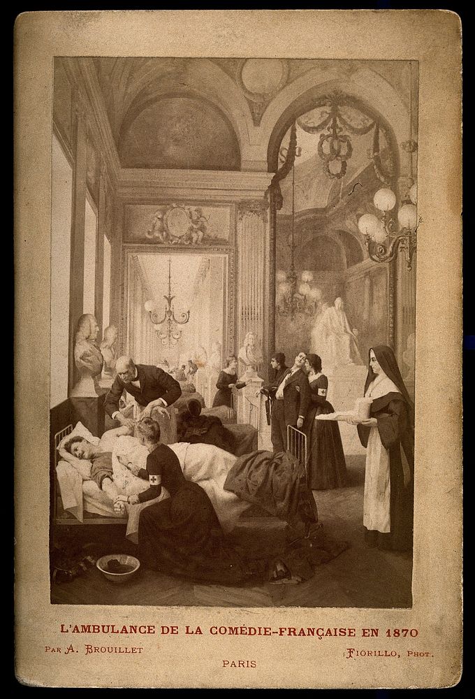Comédie-Française, Paris: a corridor used as a hospital in the Franco-Prussian War showing nurses treating patients.…