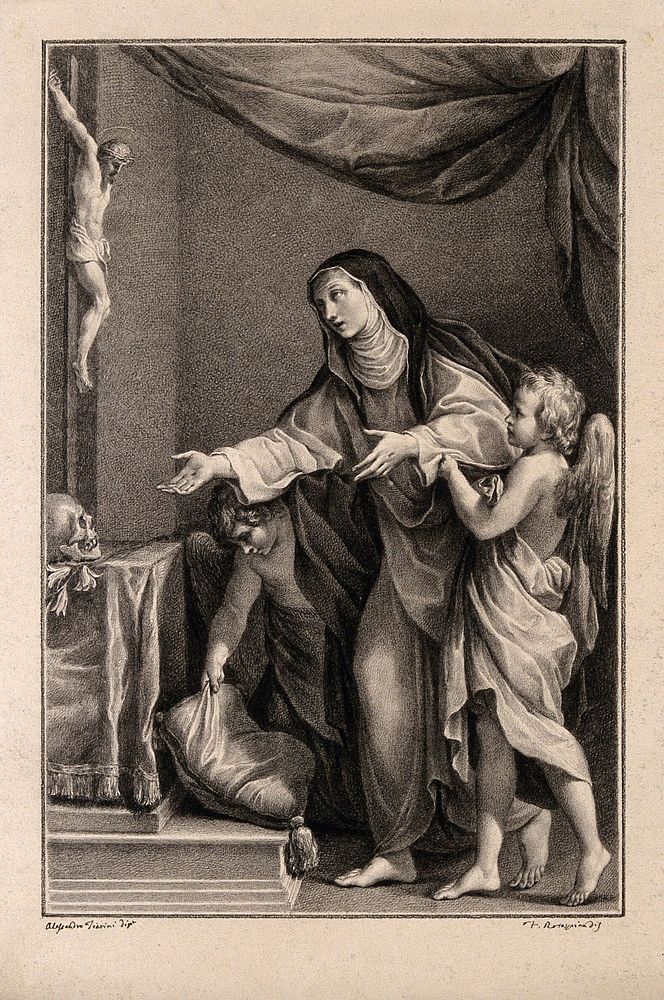 Saint Catherine of Siena receiving the stigmata. Drawing by F. Rosaspina, c. 1830, after A. Tiarini.