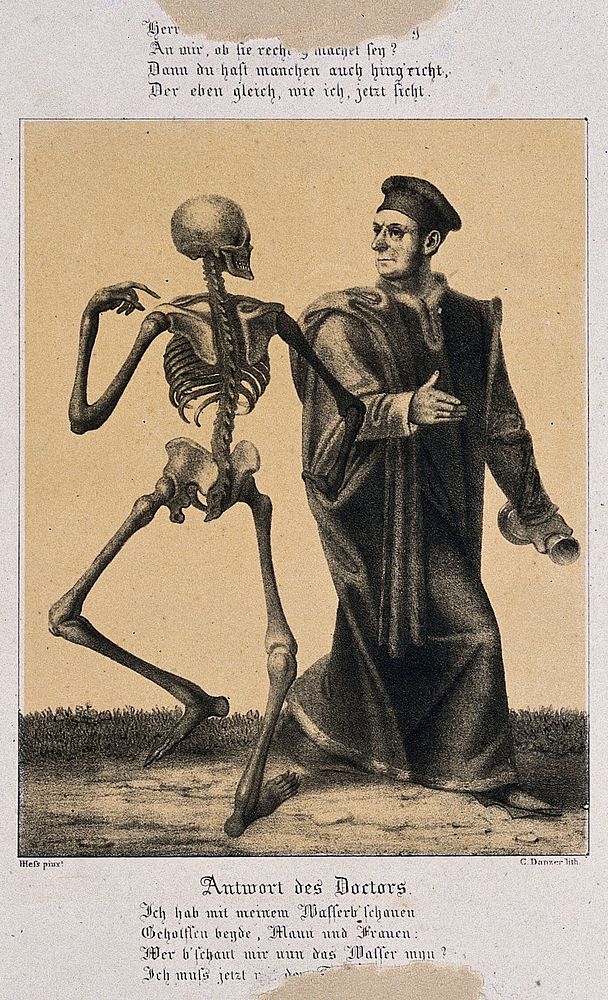 The dance of death at Basel: death and the doctor. Lithograph by G. Danzer after H. Hess.