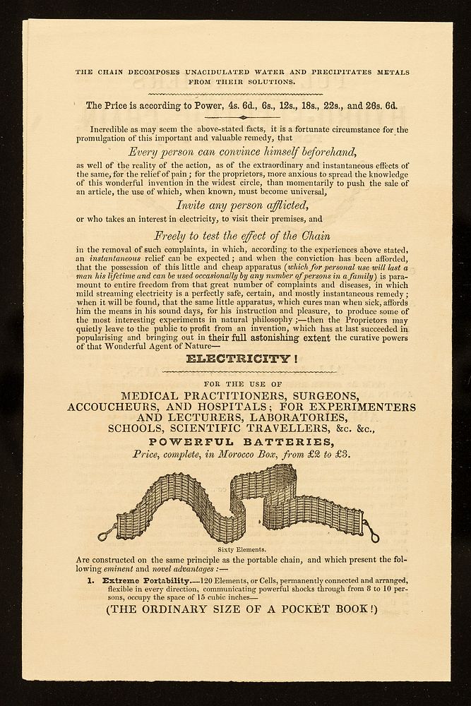 Pulvermacher's patent portable hydro-electric chain for personal use : (inventor and patentee- J.L. Pulvermacher) ... /…