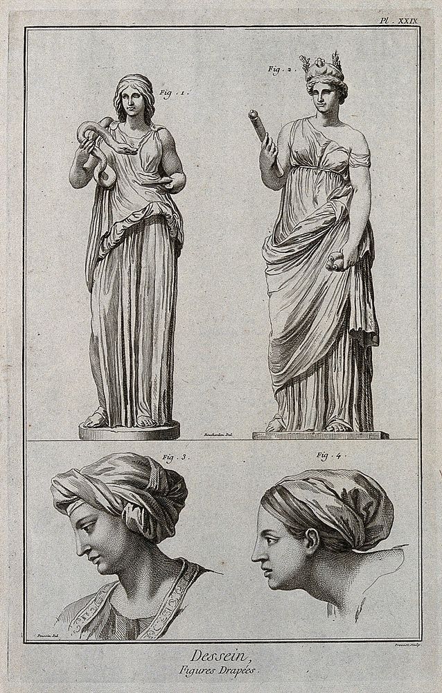 A standing female figure representing health; a standing female figure of Ceres; two female heads in profile. Engraving by…