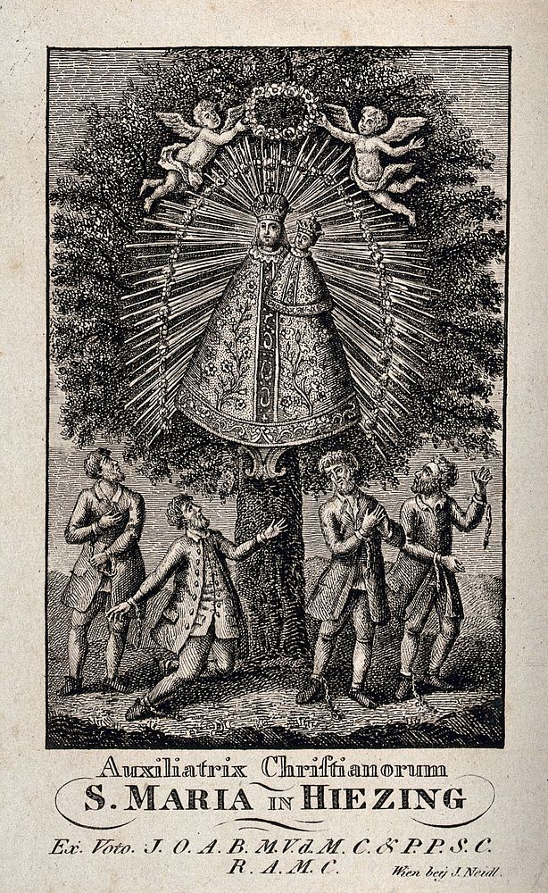 The Virgin of Succour, Saint Mary of Hietzing, in a tree, being venerated by freed prisoners. Etching.