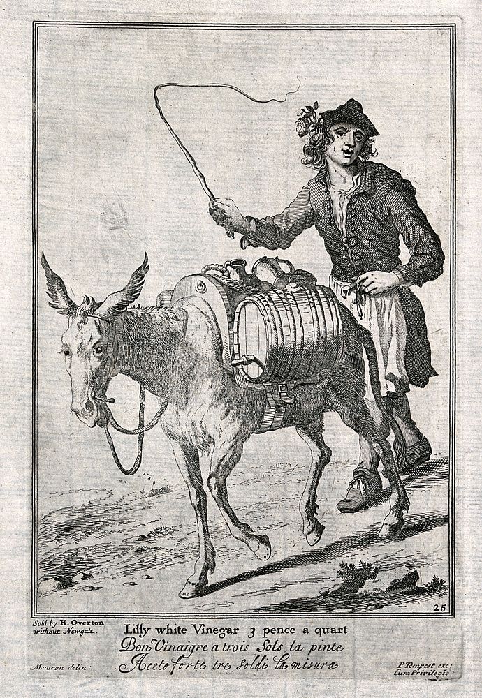 A man is whipping a donkey on as it carries the panniers which hold the vinegar that he will sell. Etching after M. Laroon…