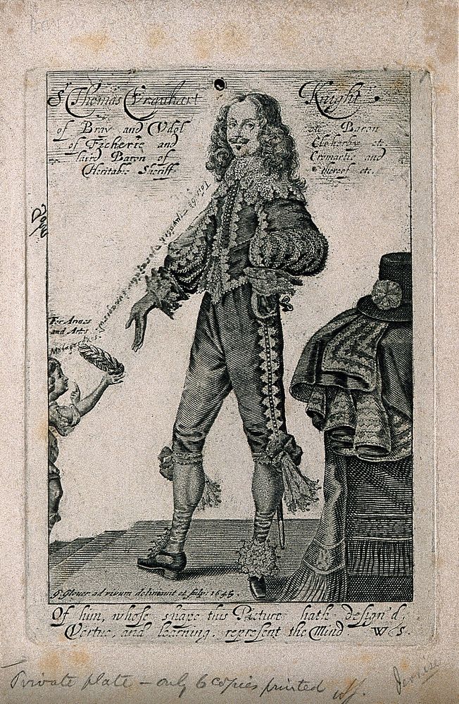 Sir Thomas Urquhart. Line engraving by G. Glover, 1646, after himself.