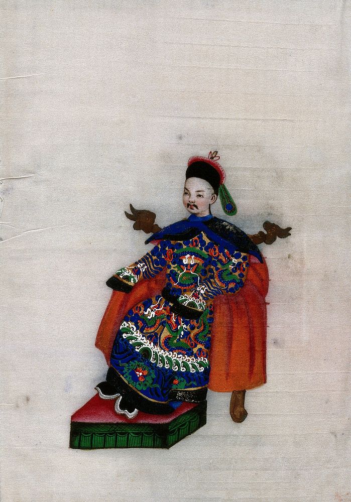 A Chinese man seated on dragon-headed chair. Gouache by a Chinese artist, ca. 1850.