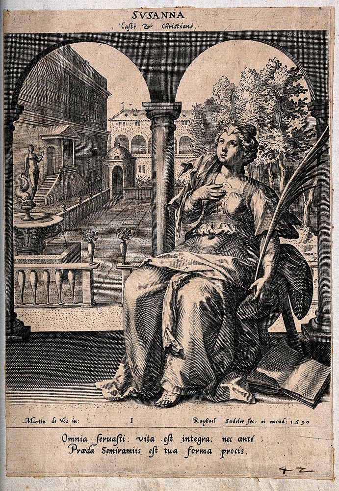 Susanna sits with one hand on her breast while the other holds a palm, an open book lies on the floor. Engraving by Raphael…