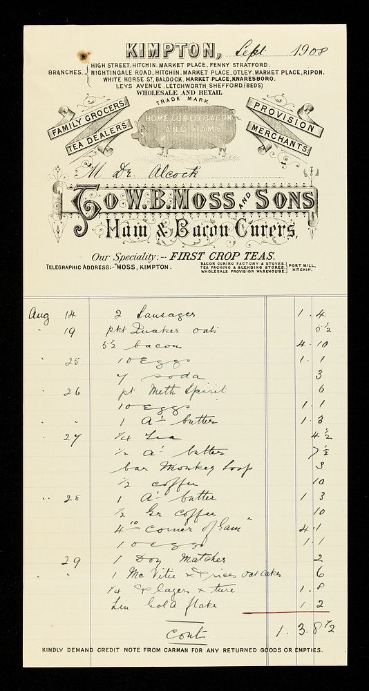 To W. B. Moss & Sons : ham and bacon curers : our speciality: first crop teas.