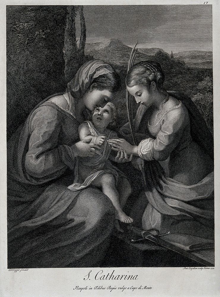 Saint Catherine. Engraving by A. Capellan, 1772, after A. Correggio.