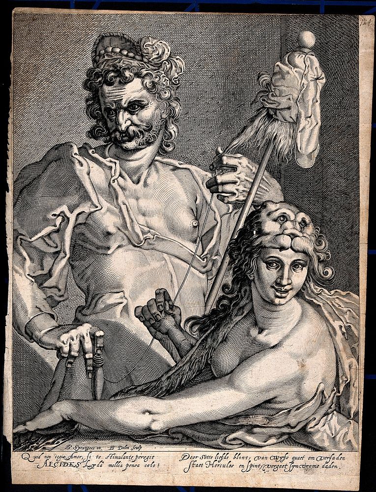 Hercules and Omphale. Engraving by B.W. Dolendo after B. Spranger.