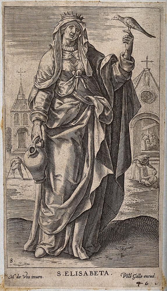 Saint Elizabeth of Hungary. Line engraving by P. Galle after M. de Vos.