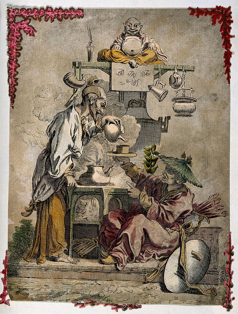 A man pours tea for a resting Chinese warrior as a kettle steams on the stove beside them. Coloured etching with…
