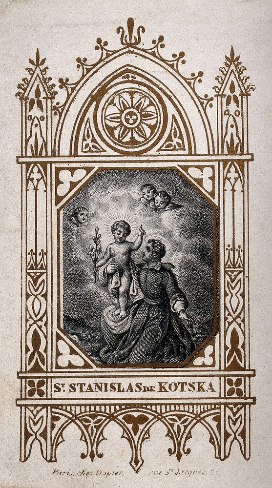 Saint Stanislaus Kostka: he holds the Christ Child, who blesses him. Engraving .
