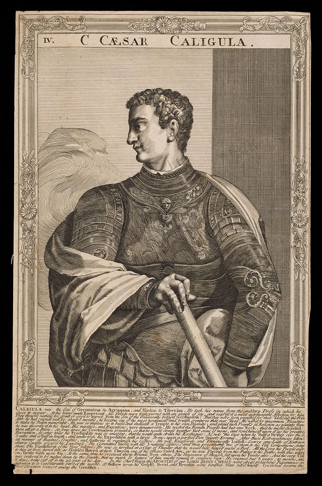 Caligula, Emperor of Rome. Line engraving, 16--, after A. Sadeler after Titian.