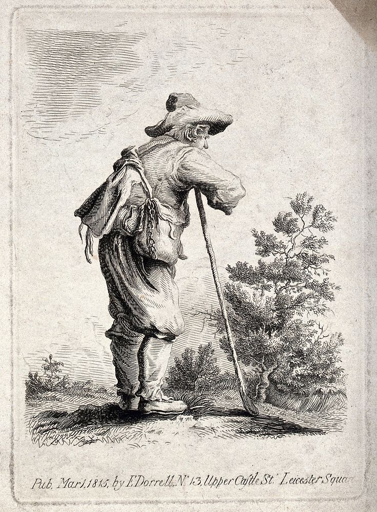 A traveller laden with two bags around his shoulders leans on a stick and overlooks the countryside. Etching, 1815.