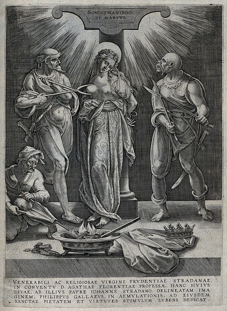 The martyrdom of Saint Agatha. Engraving by P. Galle after Jan van der Straet (Stradanus), 15--.
