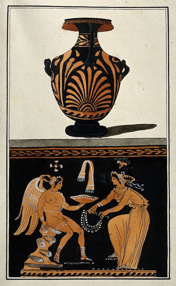 Above, a Greek red-figured water-jar (hydria); below, detail of the decoration showing a woman offering jewellery to a…