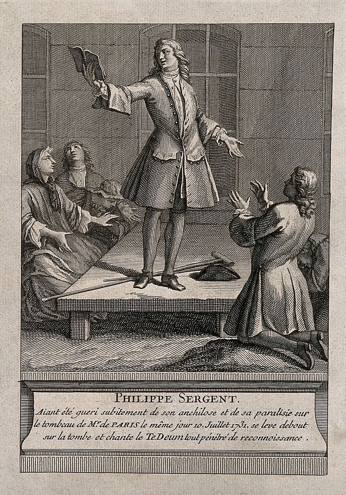 Philippe Sergent, standing on the tomb of F. de Paris and singing after being miraculously cured of ankylosis. Engraving…