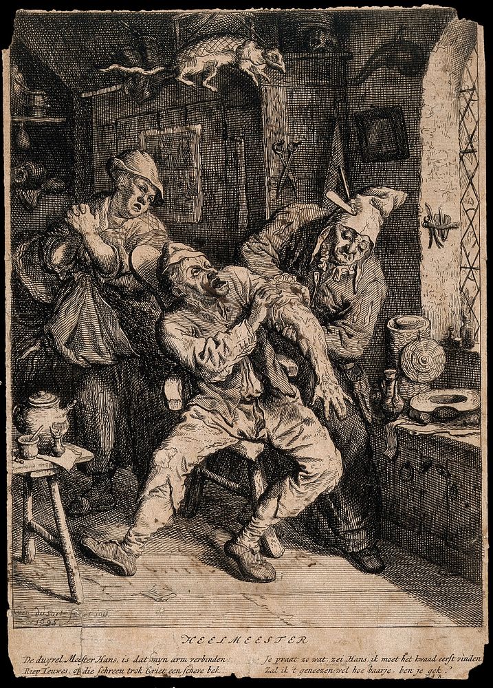 A surgeon applying a probe to the arm of a screaming patient. Etching by C. Dusart, 1695.