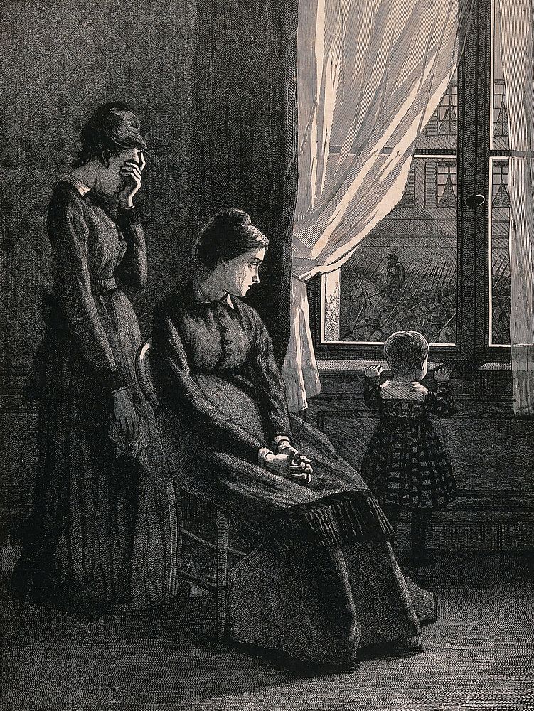 Two women and a child in a room, one woman seated watches an army of men pass the window, the child stands by the window and…