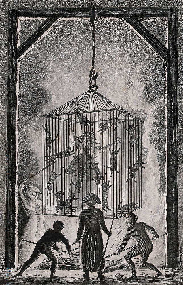 The burning of Louisa Mabree, the French midwife in a cage filled with black cats suspended over a blazing fire. Aquatint.