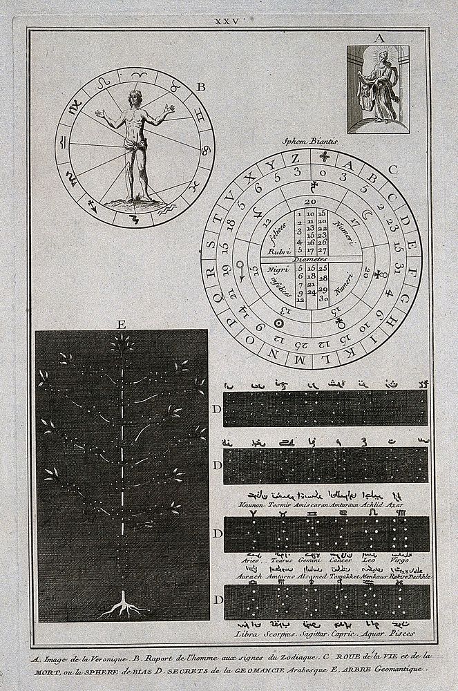 Arabic geomantic signs, wheel of life and death, the zodiac wheel and the Veronica. Engraving.