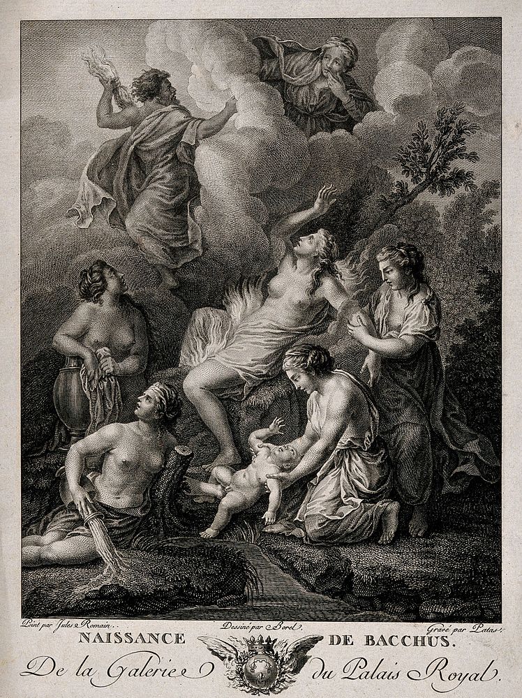 Bacchus being bathed by nymphs after being born from Jupiter's knee, his mother Semele is consumed by flames. Engraving by…