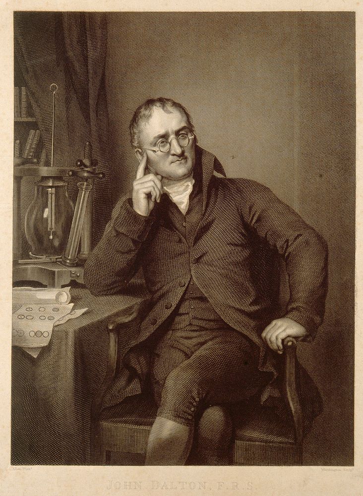 John Dalton. Line engraving by W. H. Worthington, 1823, after J. Allen, 1814.