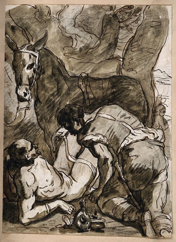 The good samaritan bandaging a wounded man with oils and wine. Pen and ink drawing.