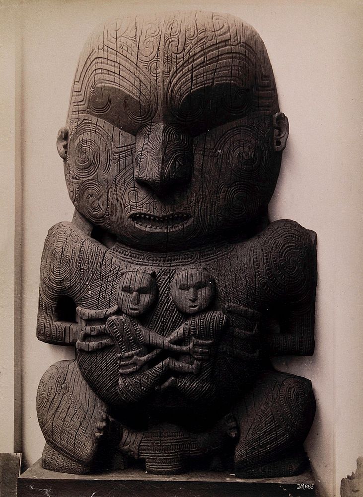 New Zealand: a Maori carving. Albumen print by J.M.