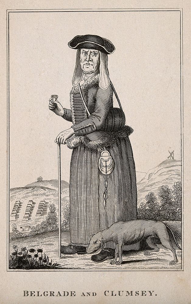 Belgrade and her dog Clumsey, with a military camp in the background. Engraving.