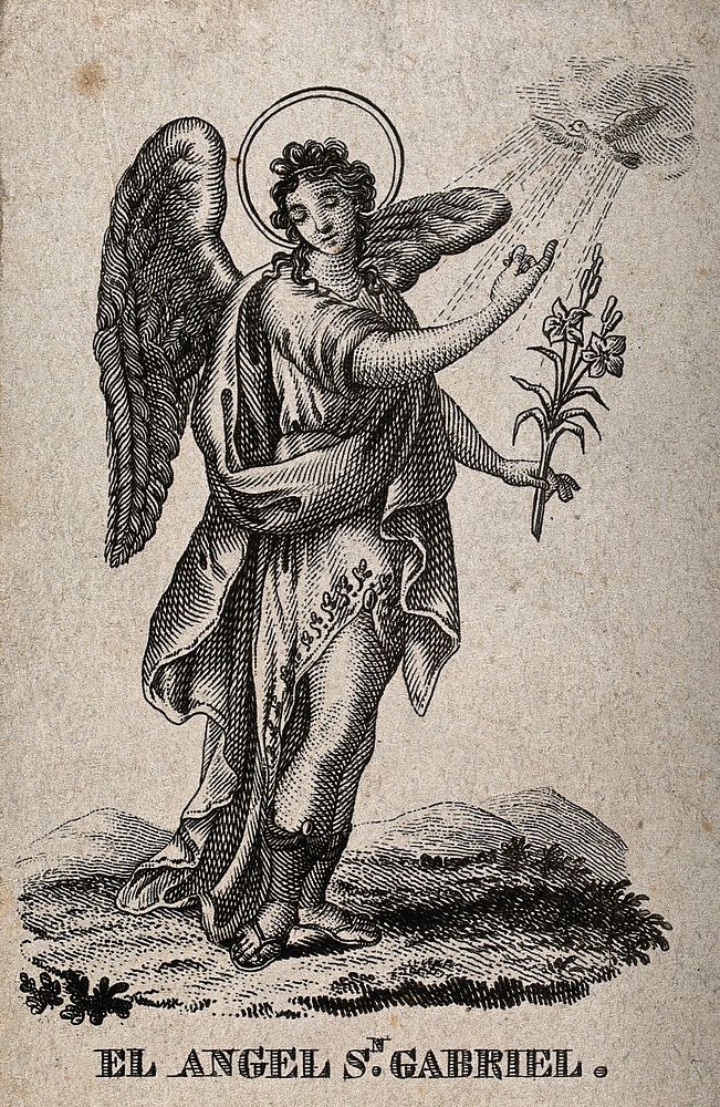 The Archangel Gabriel holding lilies and pointing to a dove representing the Holy Ghost. Engraving, 17--.