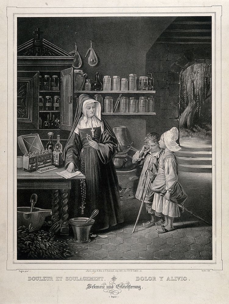 A nun with two children in a convent pharmacy, surrounded attributes of the trade. Lithograph by André after E. Pingret.