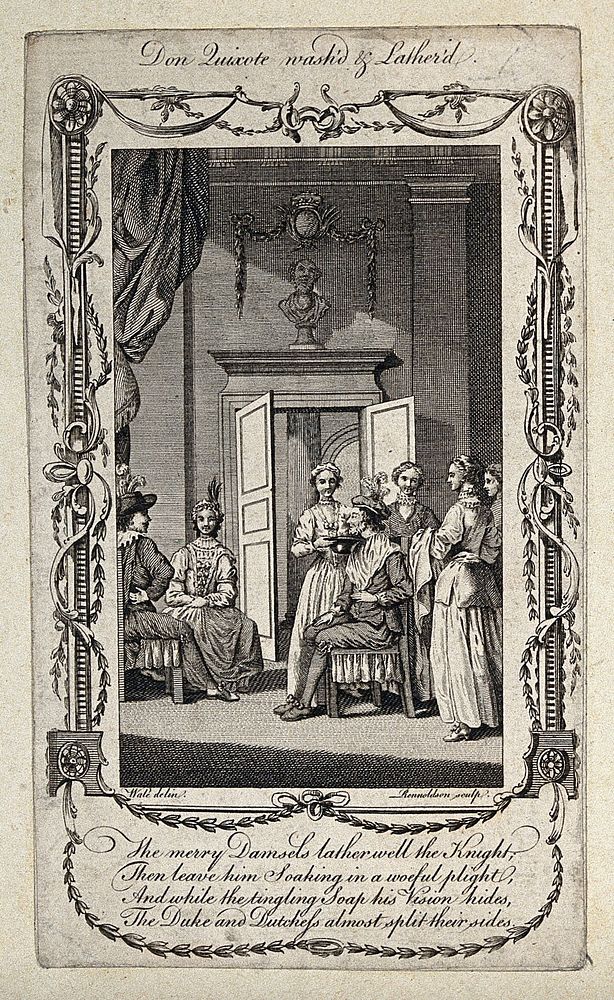An interior of a room in which a man is having his face washed and lathered by a young woman; to the right stand three other…