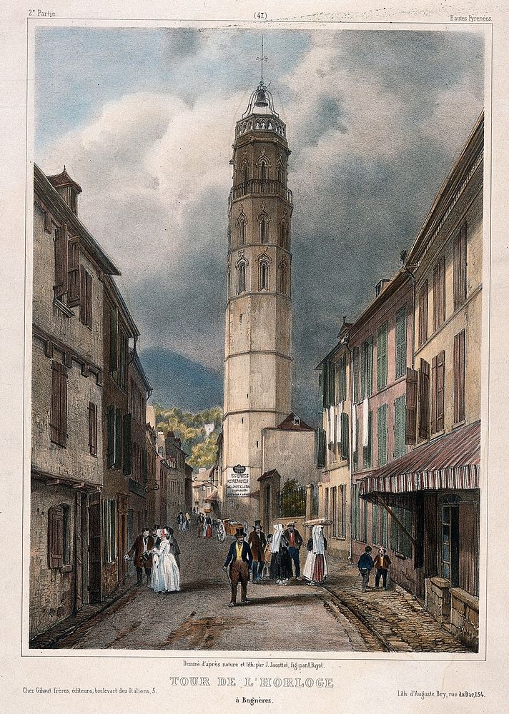 The road leading to the clock tower and townspeople of Bagnères. Coloured lithograph by J. Jacottet and A. Bayot.
