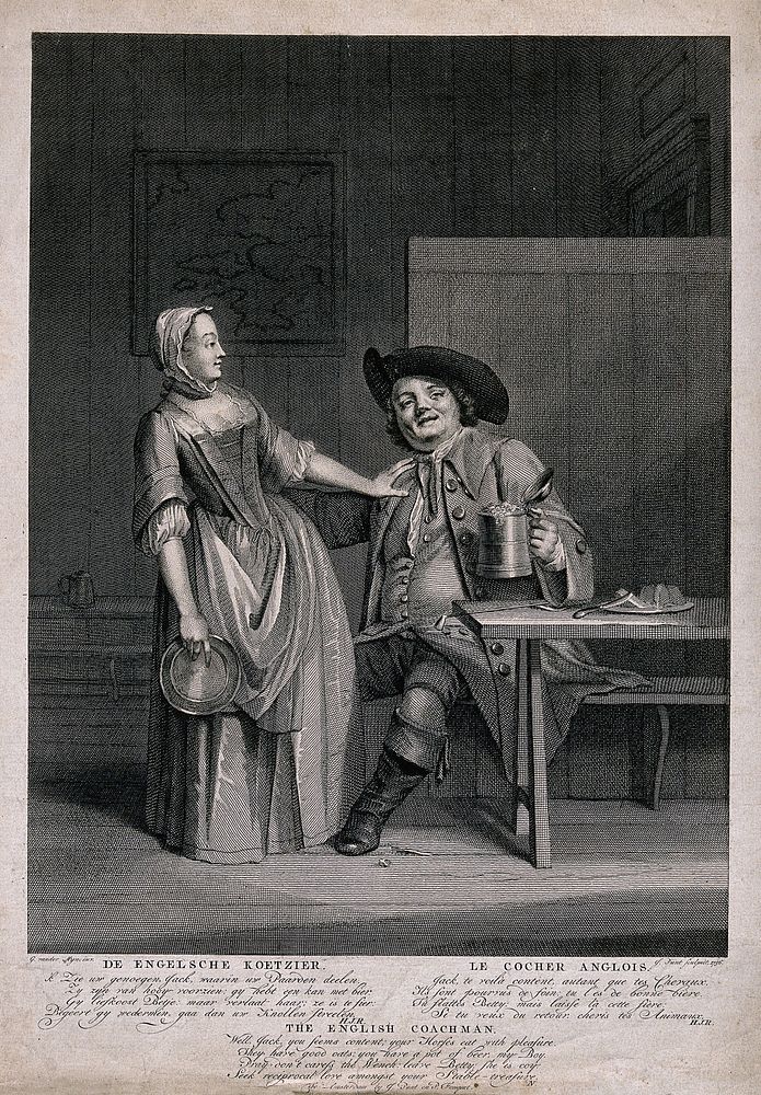 A coachman holding a full tankard of beer in one hand and caressing a lady with the other; verses in Dutch, French and…