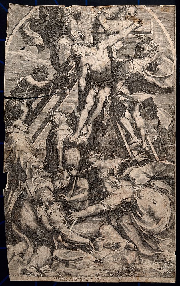 The dead Christ is taken down from the cross. Line engraving by D. Falcini after F. Barocci.