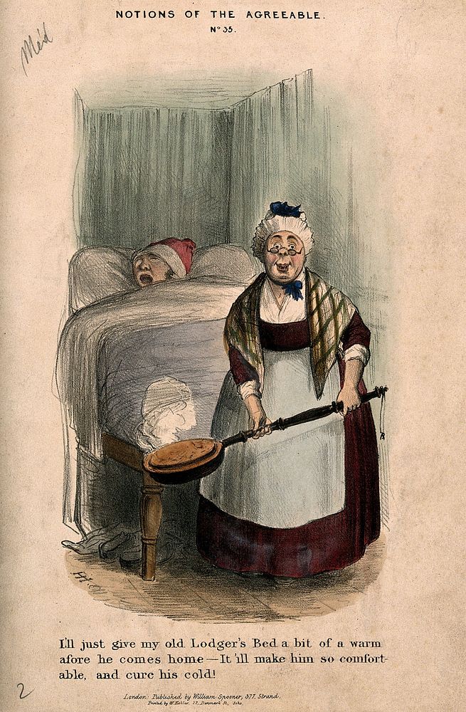 An elderly land-lady taking a warming-pan to put in her lodgers bed, which is already occupied by someone else. Coloured…