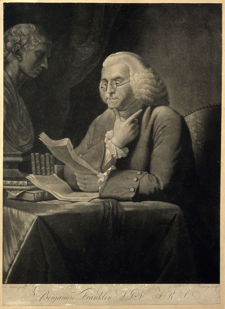 Benjamin Franklin. Mezzotint by E. Savage, 1793, after B. West after D. Martin, 1767.
